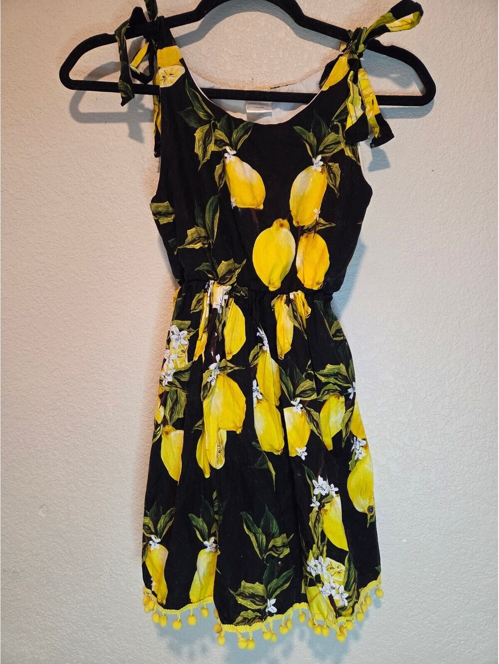 Black Sundress with Yellow Lemon Print and Pom Pom Trim,  S